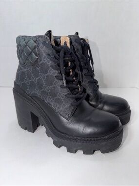 Gucci APOLLO CALFSKIN GG SUPREME NAPPA SAMOA QUILTED LACE UP ANKLE BOOTS 36.5